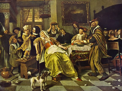 Como nessa obra de Jan Havickszoon Steen (1626 - 1679), a retratação do cotidiano permite a observação de vários aspectos do comportamento humano