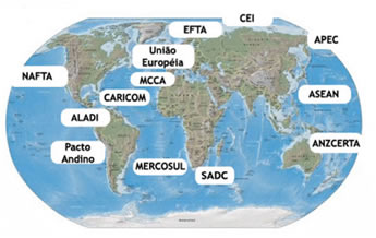 Mapa destacando os principais blocos econômicos do planeta