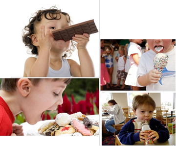 Crianças consumindo alimentos com muito açúcar