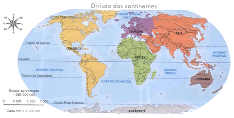 Os seis continentes terrestres.