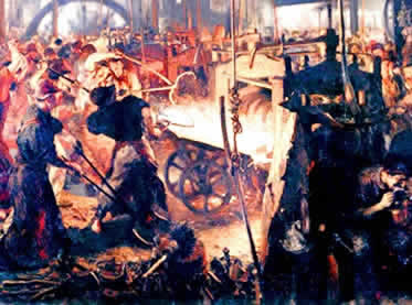 Quadro alemão do século XIX retratando o processo de laminação do ferro.