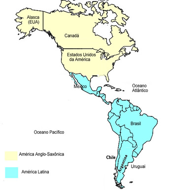 Mapa que divide o continente americano em: América Latina e Anglo-Saxônica